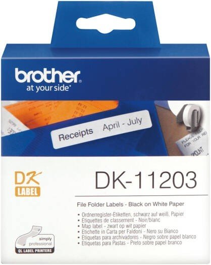 Brother DK-11203 Label Roll, Black on White File Folder Labels 17mm x 87mm, 300 Die-Cut Labels per Roll