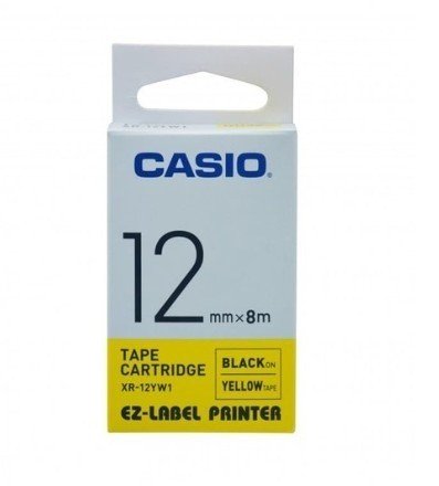 Casio XR-12YW1 Tape Cassette, 12mm X 8mm, Black On Yellow