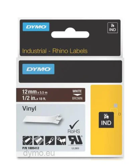 Dymo Rhino 1805412 Vinyl 12mm White on Brown Tape