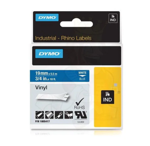 Dymo Rhino 1805417 Vinyl 19mm White on Blue Tape