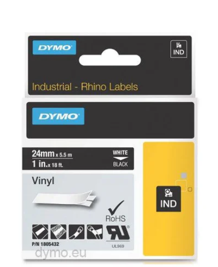 Dymo Rhino 1805432 Vinyl 24mm White on Black Tape