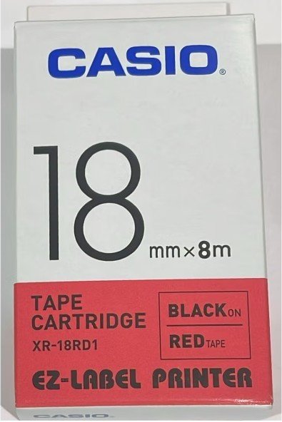 Casio XR-18RD1 Tape Cassette, 18mm X 8mm, Black on Red