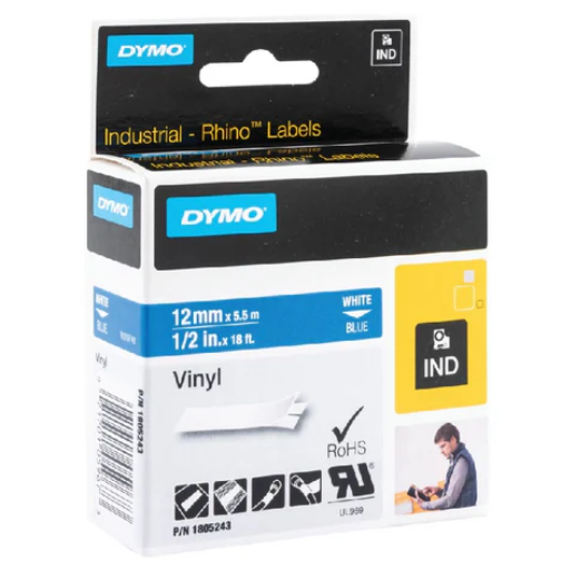 Dymo Rhino 1805243 Vinyl 12mm White on Blue Tape