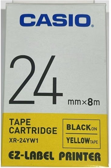 Casio XR-24YW1 Tape Cassette, 24mm X 8mm, Black On Yellow