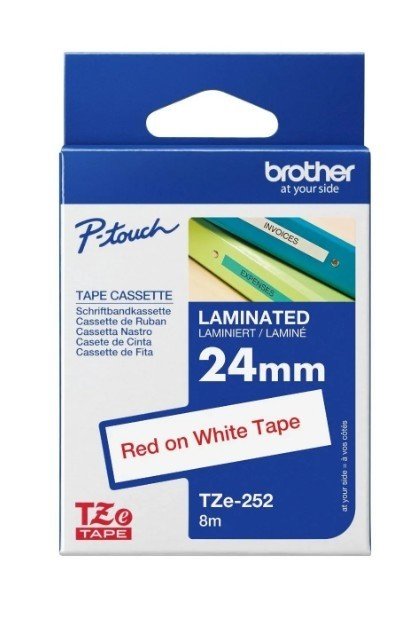 Brother Tze-252 Red on White 24mm Laminated Tape