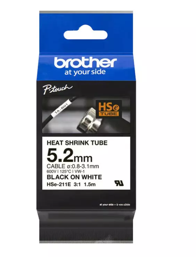 Brother HSE-211E 5.2mm Black on White Heat Shrink Tube Tape