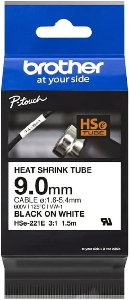 Brother HSE-221E 9.0mm Black on White Heat Shrink Tube Cartridge