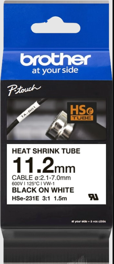 Brother Hse-231E 11.2mm Black on White Heat Shrink Tube Tape