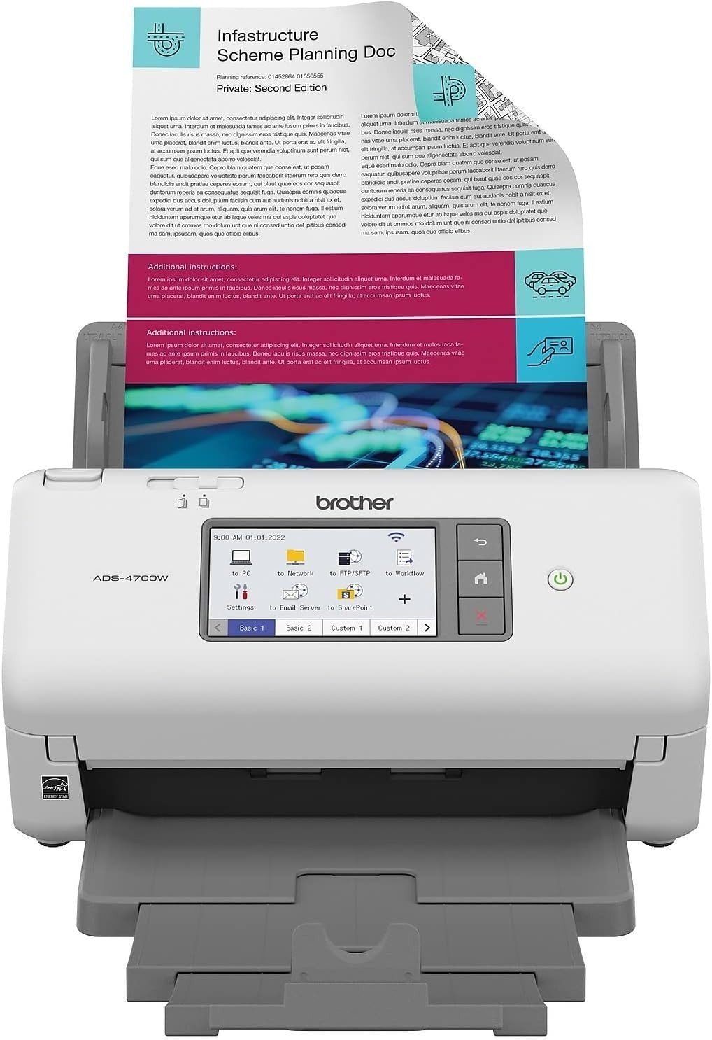 BROTHER ADS-4700W High speed Wireless Desktop Scanner Duplex A4 Document Scanner Large 10.9cm intuitive touchscreen, White