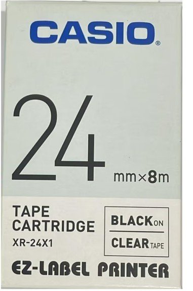 Casio XR-24X1 Tape Cassette, 24mm X 8mm, Black On Clear