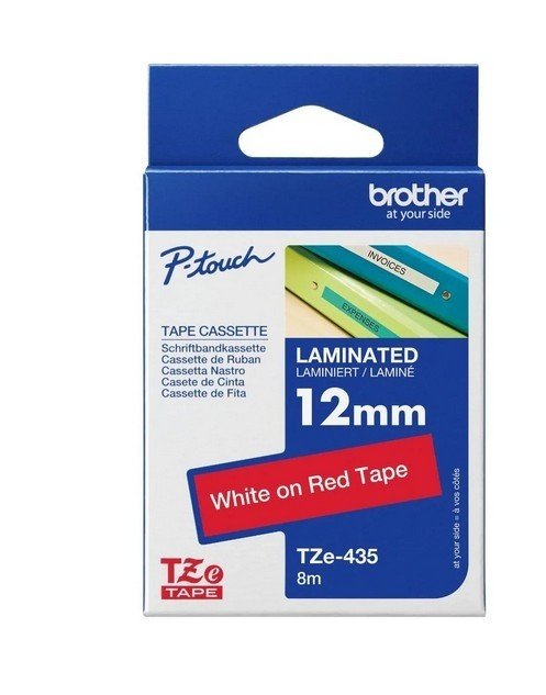 Brother Tze-435 White on Red 12mm Laminated Tape
