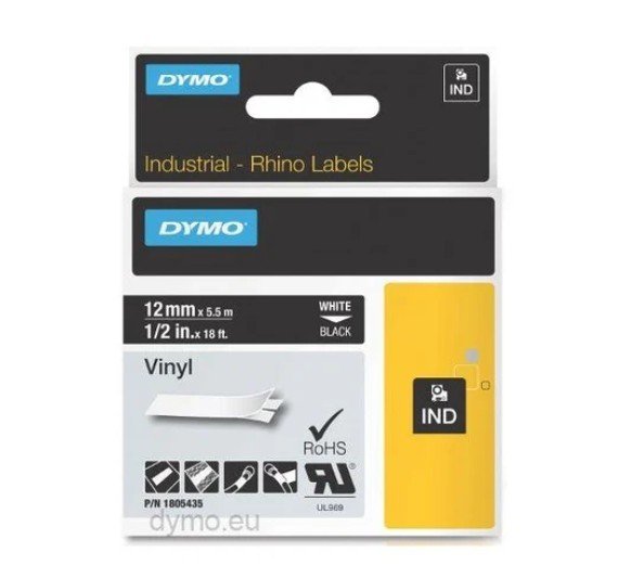 Dymo Rhino 1805435 Vinyl 12mm White on Black Tape