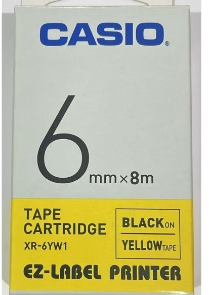 Casio XR-6YW1 Tape Cassette, 6mm X 8mm, Black on Yellow