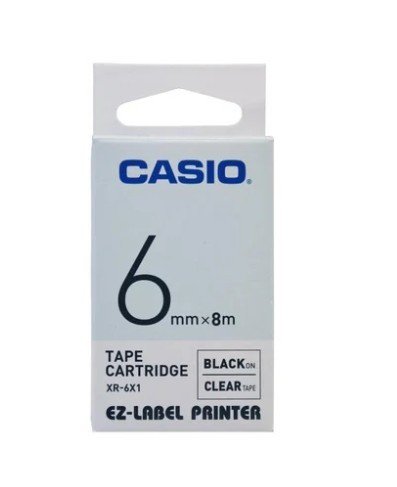 Casio XR-6X1 Tape Cassette, 6mm X 8mm, Black on Clear