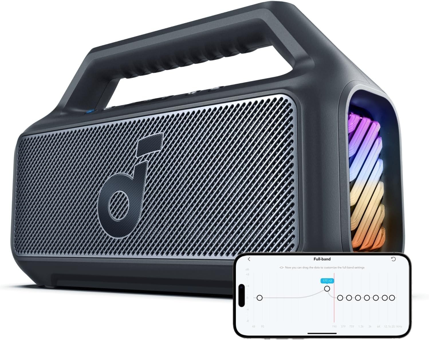 Anker Soundcore Boom 2 Outdoor Speaker, 80W, Subwoofer, BassUp 2.0, 24H Playtime, IPX7 Waterproof, Floatable, RGB Lights, USB-C, Custom EQ, Bluetooth 5.3, Portable For Outdoors, Camping, Beach, and Backyard, Black