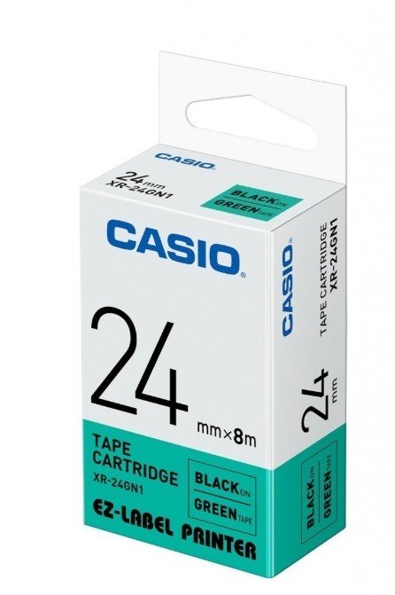 Casio XR-24GN1 Tape Cassette, 24mm X 8mm, Black On Green