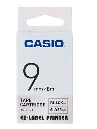Casio XR-9SR1 Tape Cassette, 9mm X 8mm, Black on Silver