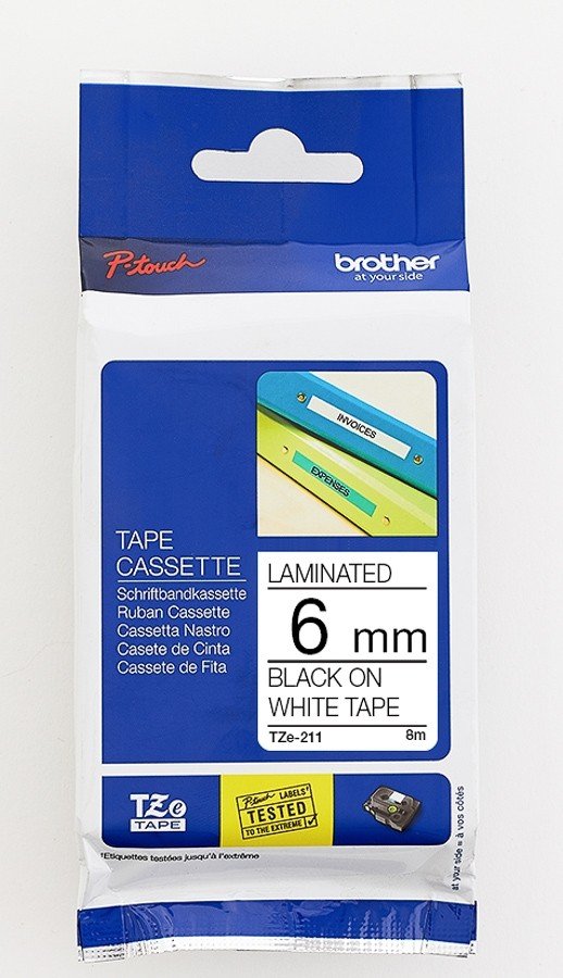 Brother Tze-211 Black on White 6mm Laminated Tape 