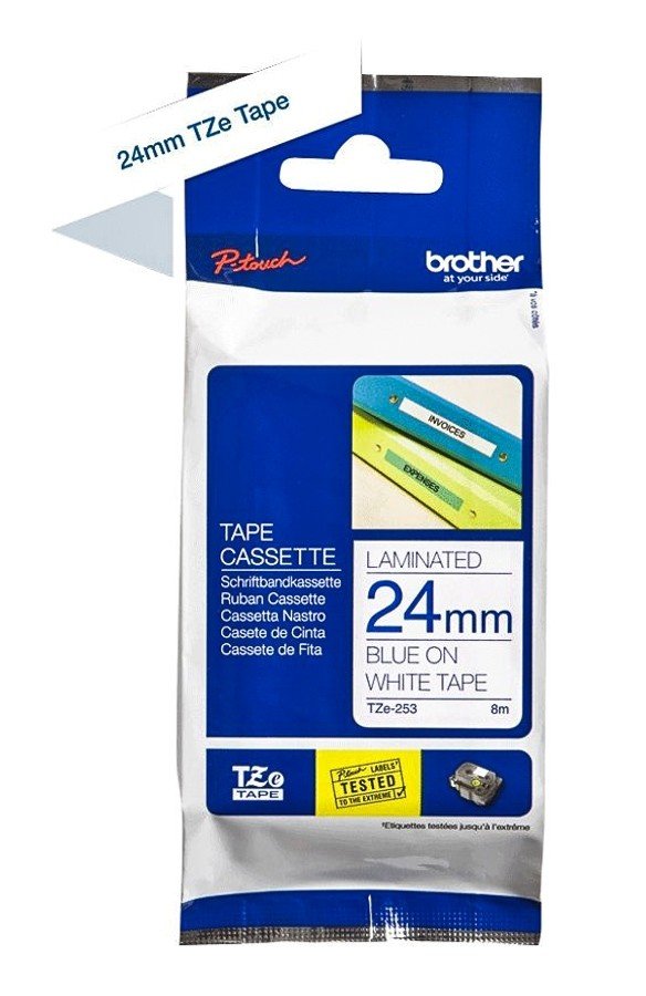 Brother Tze-253 Blue on White 24mm Laminated Tape