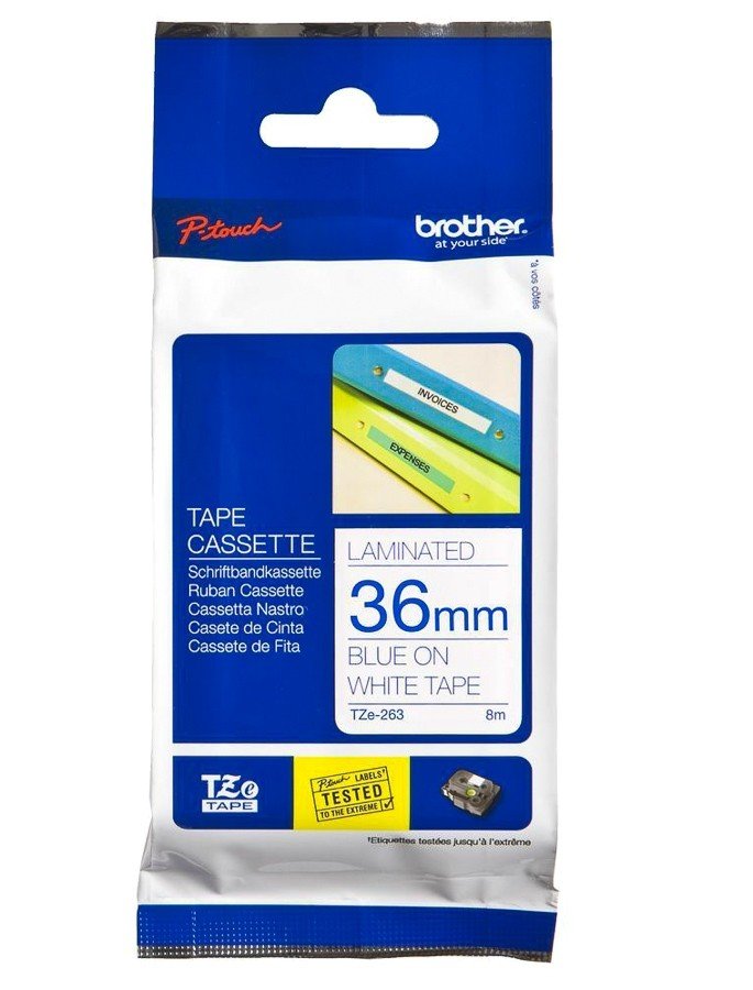 Brother Tze-263 Blue on White 36mm Laminated Tape