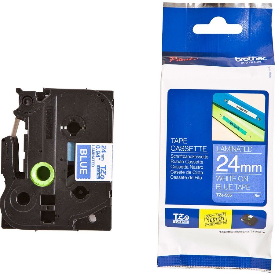 Brother Tze-555 White on Blue 24mm Laminated Tape 