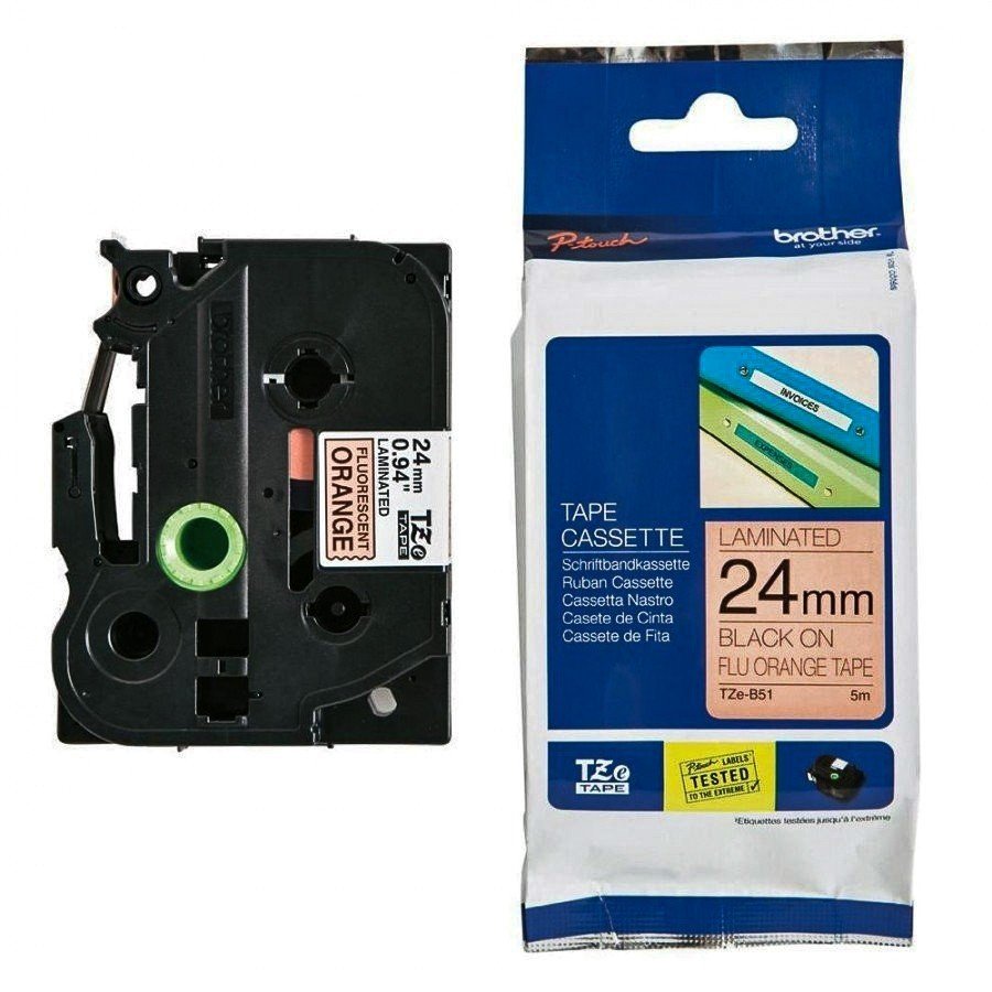 Brother Tze-B51 Black on Fluroscent Orange 24mm Laminated Tape 