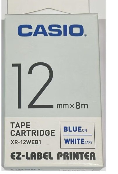 Casio XR-12WEB1 Tape Cassette, 12mm X 8m, Blue on White