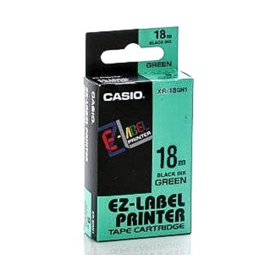 Casio XR-18GN1 Tape Cassette, 18mm X 8mm, Black on Green