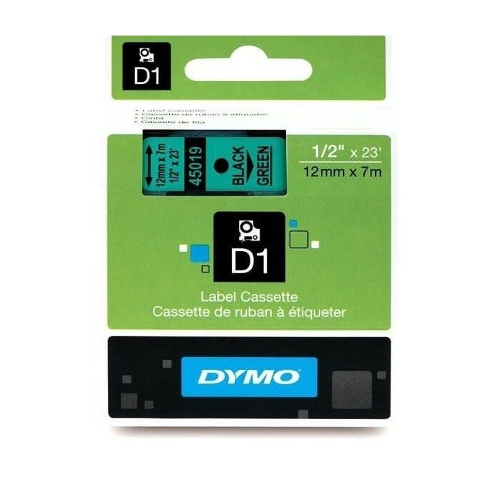 Dymo 45019, D1 Tape,12mm x 7m, Black on Green