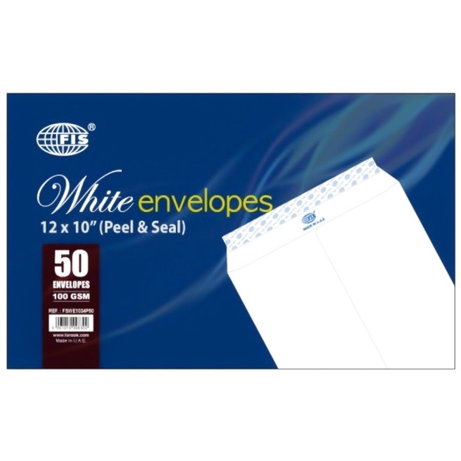 FIS A4 WHITE ENVELOPE - PEEL & SEAL, 12 X10", (PACK OF 50)