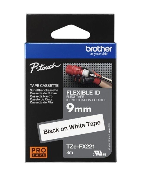 Brother Tze FX221 9mm Flexible Black on White Tape
