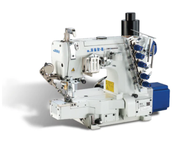 JIN F1C-H356SM 3-Needle Cylinder Bed Flatlock, Direct Drive Motor, Hemming Type with Electromagnetic Thread Trimmer, G Motor Type, Blower Fan, Suction, Complete Set