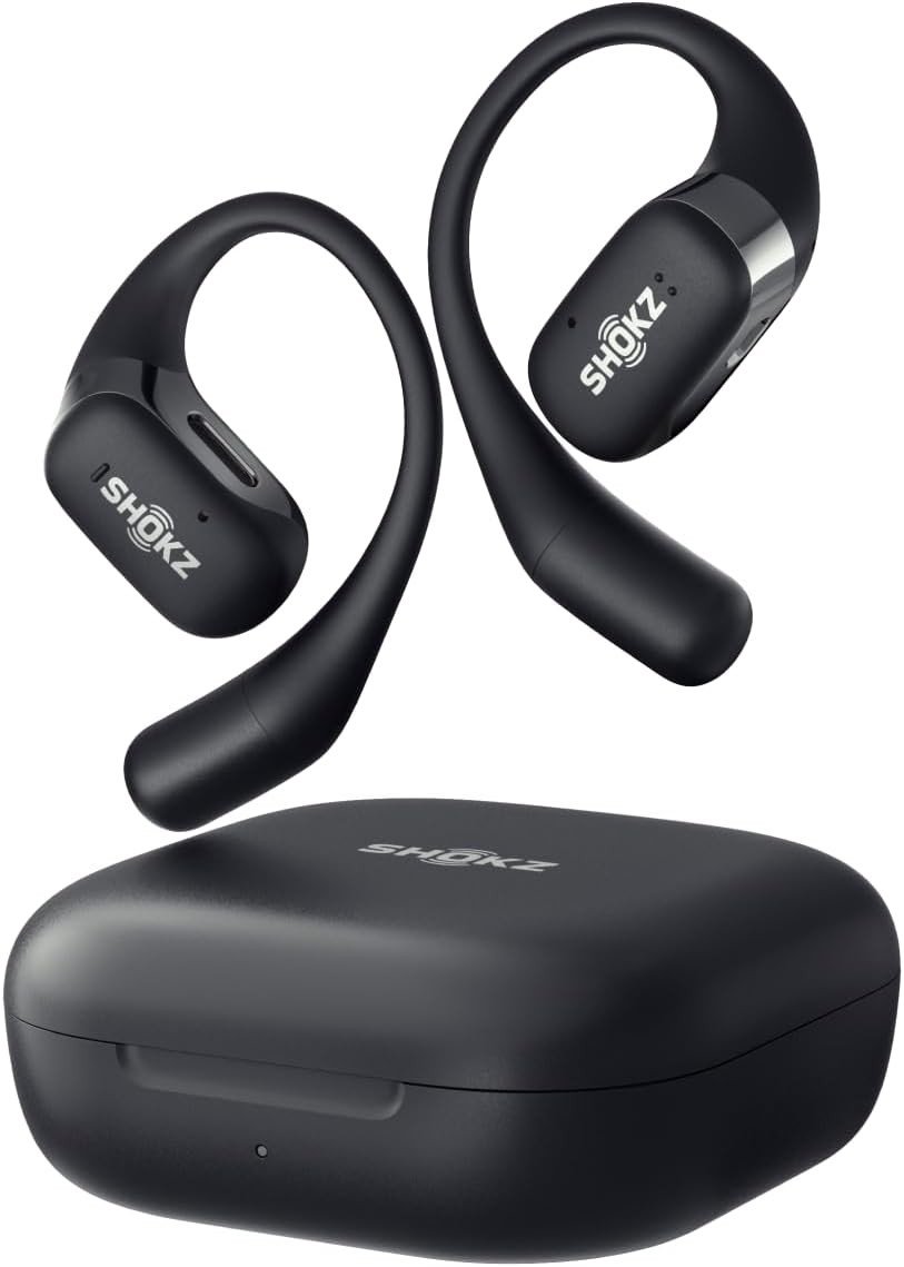 SHOKZ OpenFit Open-Ear True Wireless Bluetooth Headphones with Microphone, Earbuds with Earhooks, Sweat Resistant, Fast Charging, 28HRS Playtime, Black