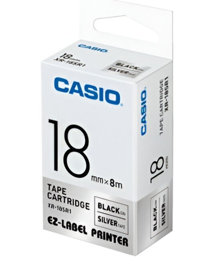 Casio XR-18SR1 Tape Cassette, 18mm X 8mm, Black on Silver