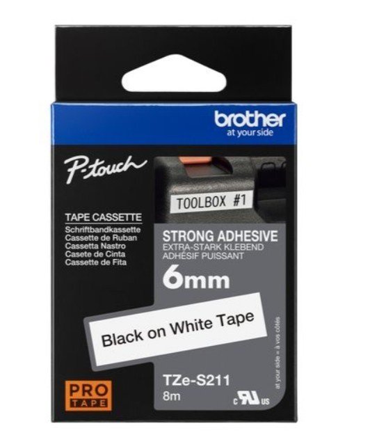 Brother Strong Adhesive TZe-S211 6mm Black on white Labeling Tape