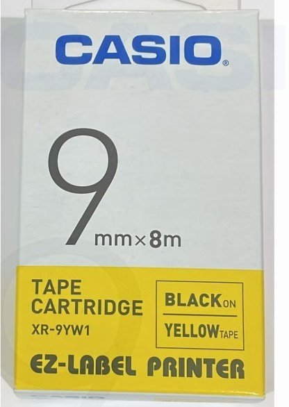 Casio XR-9YW1 Tape Cassette, 9mm X 8mm, Black on Yellow