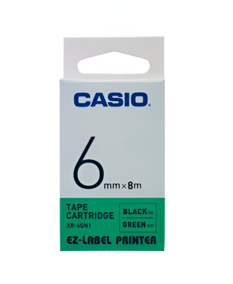 Casio XR-6GN1 Tape Cassette, 6mm X 8mm, Black on Green