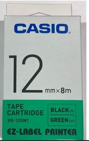 Casio XR-12GN1 Tape Cassette, 12mm X 8mm, Black on Green