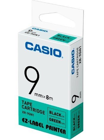 Casio XR-9GN1 Tape Cassette, 9mm X 8mm, Black on Green