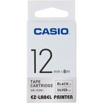 Casio XR-12SR1 Tape Cassette, 12mm X 8mm, Black on Silver