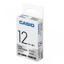 Casio XR-12SR1 Tape Cassette, 12mm X 8mm, Black on Silver