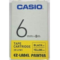 Casio XR-6YW1 Tape Cassette, 6mm X 8mm, Black on Yellow