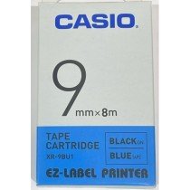 Casio XR-9BU1 Tape Cassette, 9mm X 8mm, Black on Blue