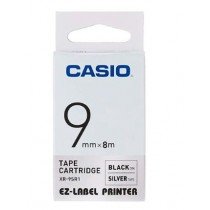 Casio XR-9SR1 Tape Cassette, 9mm X 8mm, Black on Silver