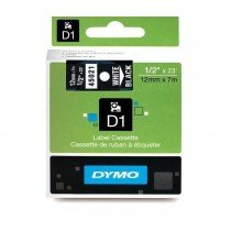 Dymo D1 Label Cassette, 12 mm x 7 m, White on Black - 45021