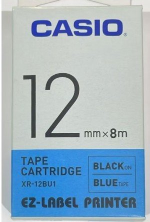 Casio XR-12BU1 Tape Cassette, 12mm X 8mm, Black on Blue