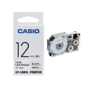 Casio XR-12WE1 Tape Cassette, 12mm X 8m, Black on White