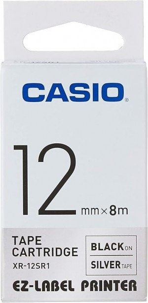 Casio XR-12SR1 Tape Cassette, 12mm X 8mm, Black on Silver