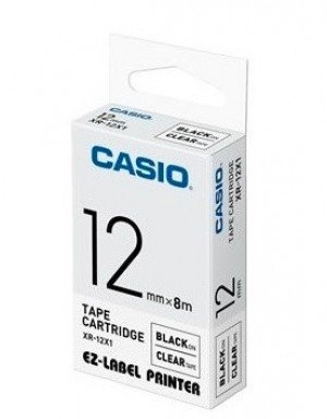 Casio XR-12X1 Tape Cassette, 12mm X 8mm, Black on Clear