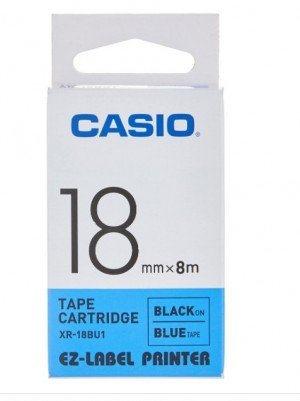 Casio XR-18BU1 Tape Cassette, 18mm X 8mm, Black on Blue